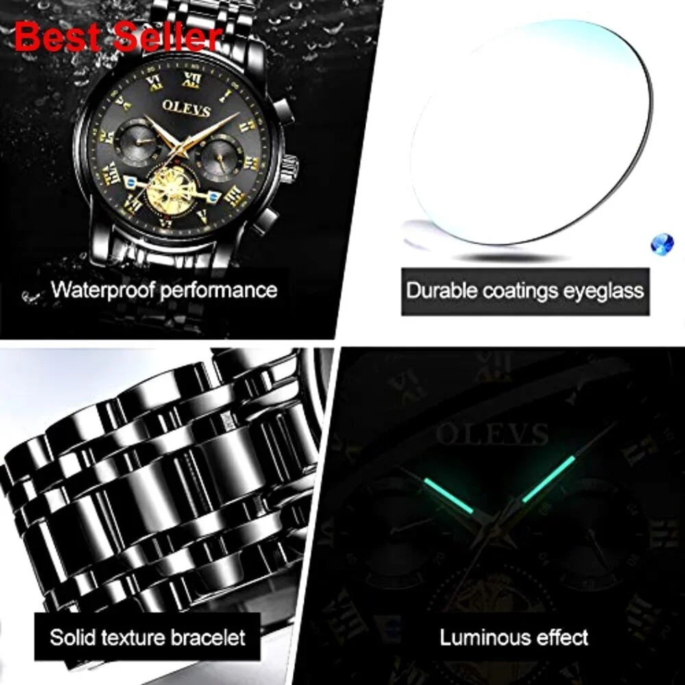 Stainless Steel Waterproof Chronograph Watch with Luminous Hands